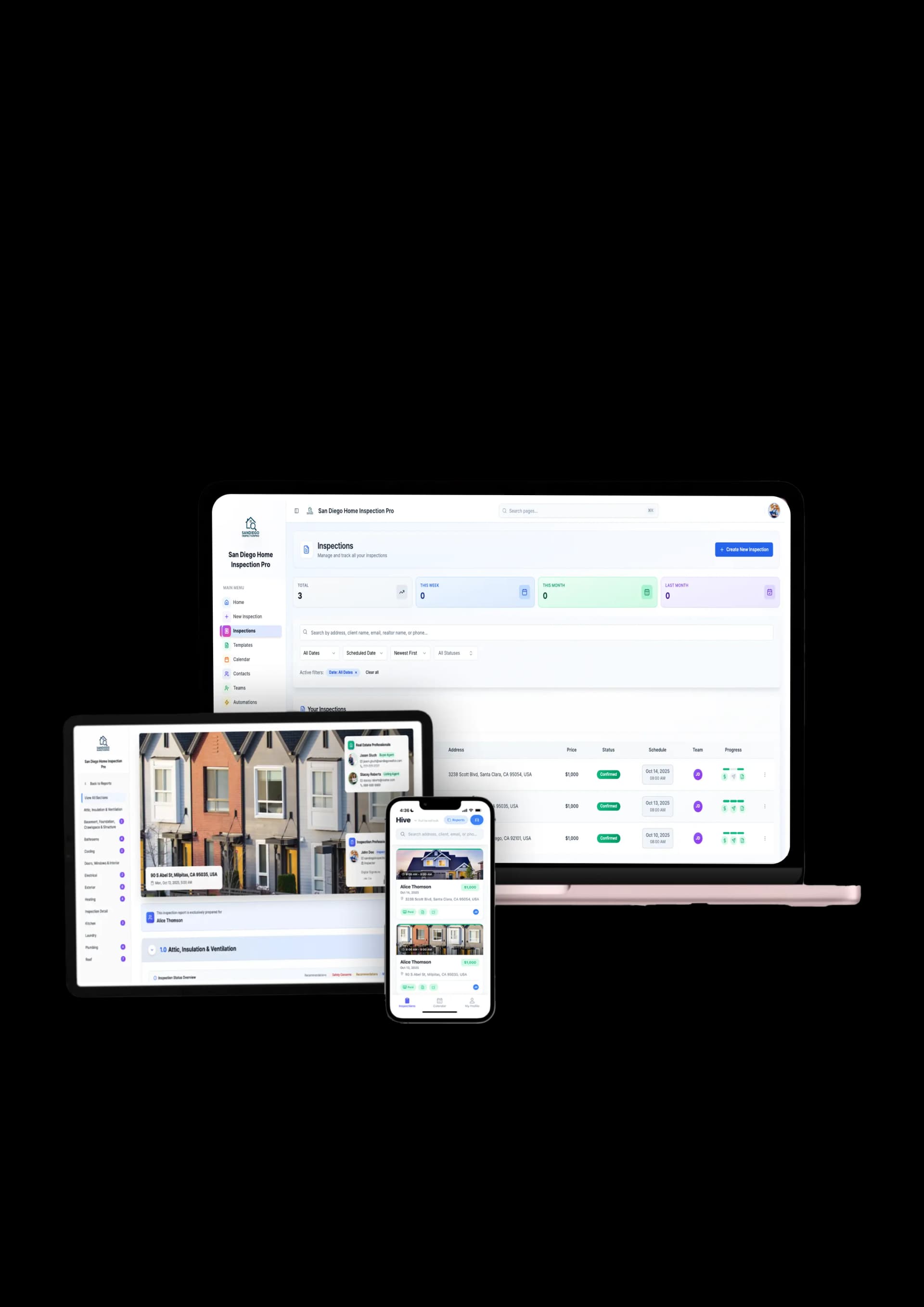 Hive report displayed on laptop, tablet, and phone